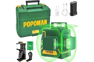 POPOMAN Livella Laser Verde 3x360°, 3D Professionale Linea Laser Croce 45m, Ricaricabile USB, Autolivellante e Funzione Impulso, 5200mAh Batteria al Litio e Staffa Girevole Magnetica - MTM350B