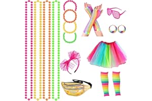 ATOWORLD Deguisement Annee 80 Femme Accessoire Fluo Tutu Sac Banane Lunettes Bandeau Colliers Bracelets Gants Boucles D'oreilles Jambiere Annees 80 90 Costume Années 80 Femme Enfant Fête Néon