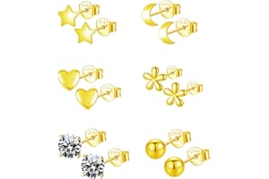 Epoch World Ohrstecker Silber 925 6 Paar 925 Sterling Silber Ohrringe Gold für Damen Mädchen Frauen Hypoallergen Kleine Blumen Kugel Herz Ohrringe Goldene Stern Mond Ohrstecker Gold Zirkonia Knorpel