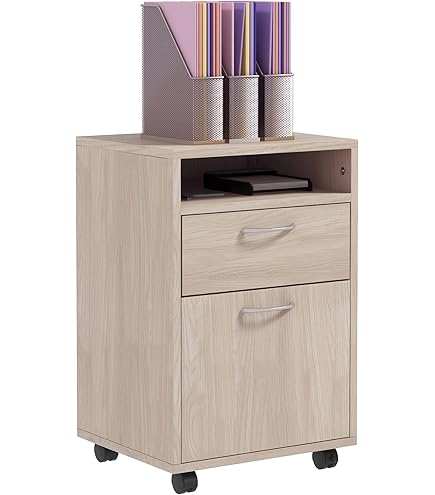 WOLTU Cassettiera Ufficio Con Ruote - 2 Cassetti + Ripiano Aperto, Legno Chiaro, Per Documenti E Stampante