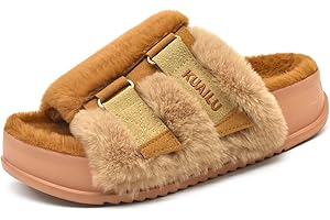 KuaiLu Womens fluff Platform Open Toe Slipper with Arch Support Ladies Fashion Furry Sliders Orthotic Faux Fur Sandal Adjustable House Slippers Indoor Outdoor Size 4~10