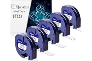 5 x Msudoku 91221 Kompatybilna Taśma do Etykiet Letratag 12 mm x 4 m S0721660, Zamiennik Dymo XR, Czarny na Białym Tworzywie Sztucznym, do Zapisywania LT100H