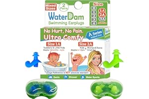 WaterDam Tapones para los oídos de natación, ultra cómodos, impermeables, serie A (talla 1A+2A: niños y pequeños, mujeres y adolescentes (azul verde))