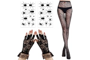 MORLUKS 4 Stück Halloween Kostüm Spinne Damen, Halloween Netzstrumpfhose Schwarz, Schwarz Spinnen Strumpfhose Damen, Spitze Fingerlose Handschuhe, 2 Blätter Halloween Tattoos Spinne, Tag der Toten, Karneval