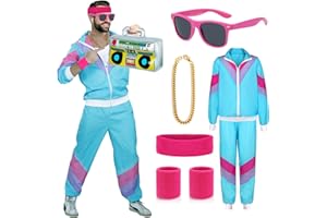 ATOWORLD 1980s 80s Fancy Dress Men Women Shell Suit 80s 90s Fancy Dress Costumes for Men Adult Stag Do Outfit 80s Dress up Theme Clothes Men 80s Costume Scouser Tracksuit Jacket Pant Accessories(XL)