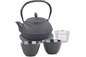 ‎ROSENSTEIN & SÖHNE Rosenstein & Söhne Tee Set asiatisch: Asiatische Teekanne, Untersetzer und 2 Becher aus Gusseisen, schwarz (Asiatische Teekanne Set, Teegeschirr, Isolierbecher)