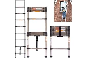 7SEVENJOKERS Extension Attic Ladder 2.6M Telescopic Loft Ladder, Stainless Steel Multi-Purpose Collapsible Industrial Ladder with Adjustable Step for Roof Work, Window Cleaning, Indoor Decorating, Max Load 330lbs