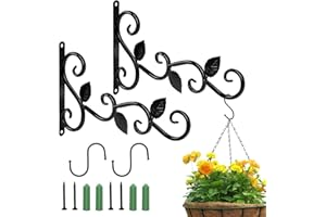 LAMEK 2Pcs Iron Plant Hanger Wall Hooks Hanging Basket Brackets with 2pcs S Shaped Hook for Plants Flower Pots Bird Feeder Lantern Wind Chimes Garden Light Fence Decoration (Black)