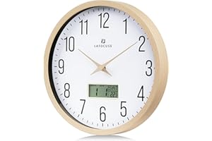 Lafocuse Reloj de Pared Calendario con Fecha y Termometro LCD, Silencioso Reloj Beige Vintage, Fácil de Leer sin Tictac para Cocina Oficina Dormitorio Salon 30cm