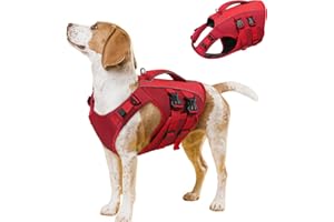Queenmore Dog Life Jackets Large, Adjustable Life Vest With Rescue Handle, Reflective Dog Swimming Vest, Ripstop Preserver For Dachshund,Sausage,Corgi,French Bulldog,Pug (Red, L)