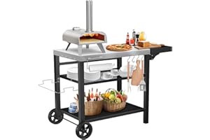 Denmay Mesa de barbacoa de acero inoxidable, 116 x 54 cm, con 3 niveles, soporte para horno de pizza, mesa para exteriores, carrito de trabajo con 4 ganchos, mesa auxiliar, carrito de cocina
