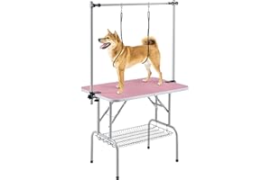 Yaheetech 91cm Pet Dog Grooming Table Height Adjustable Dog Beauty Table for Large Small Dogs w/Storage Basket/Noose Tools 164cm High Pink