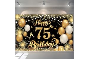 YONTREE Happy 75th Birthday Banner Gold 1.1 x 1.8m Happy Birthday Banner Backdrop 75th birthday decorations for Women Men, 75 Years Old BIRTHDAY Anniversary Party Supplies (Black Gold)