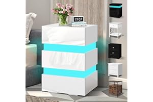 ELFORDSON Bedside Table with 3 Drawers, 4 Sides High Gloss LED Bedside Cabinet with 16 Colours, Side Cabinet Nightstand Bedroom Living Room Furniture White