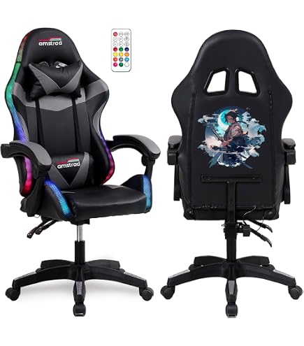 Amstrad Poltrona Gaming Elite LED Samurai - Nero/Grigio - Illuminazione RGB 576 Effetti Con Telecomando - Portata 150kg