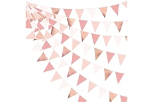 PINK BLUME 32Ft Dusty Blush Pink Rose Gold Bunting Banner Party Decorations Fabric Triangle Flag Pennant Garland Streamers for Birthday Wedding Baby Bridal Shower Anniversary Outdoor Garden Hanging Decoration