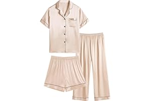 SWOMOG Kid's Silk Pyjamas 3 Piece Girls Boys Satin Pyjamas Set Button-Down PJs Sets Soft Lounge Sets Short Sleeve Sleepwear