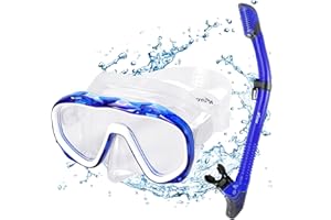 KUYOU Premium Snorkel Set, Adult Snorkeling Diving Mask Tempered Glass Silicone Swimming Goggles Mask Dry Snorkel Set (Blue)