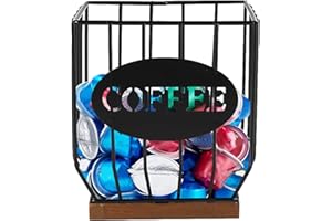 ZoeQide Organizador de Café, Organizador Capsulas Café y K-Tazas - Estructura de Alambre Vintage, Base Madera | Gran Capacidad 16x12x17 cm para Cápsulas, Sobres Instantáneos, Azúcar y Accesorios