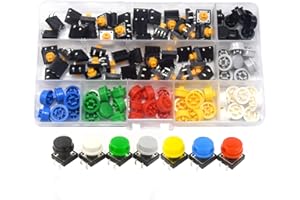 Yosawo 112-pieces 12 * 12 * 7.3mm 4 Pin DIP Momentary Tact Tactile Push Button Switch with 7 Colour Cap KG12