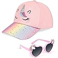 Girls Baseball Cap Kids Sunglasses Set,Adjustable Sun Hat Sequin Cat Ear Hat Cute Toddler Cap for Girls Ages 3-10Y(Pink)