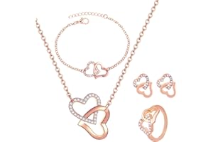 APMGONT Heart Stud Earrings Heart Pendant Necklaces Love Heart Bracelets Ring Jewellery Set Adjustable Infinity Eternity Love Choker Necklaces Heart Bracelet Gifts for Women Girls