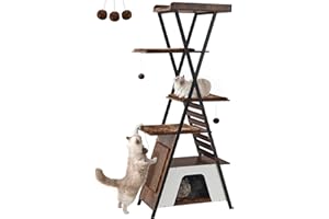 FourFurPets 184cm Cat Tree, Modern Cat Tower for Indoor, Multi-storey Cat House with Caves, Tall Cat Tree with Scratching Board, Wooden Cat Tower with Large Platform, Rustic Brown Tone