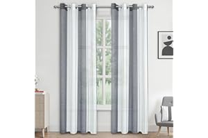 MRTREES Translúcida Cortinas Visillo Rayas de Dormitorio Moderna con Hebilla para Ventanas Voile Sala para Niños Sala Comedor Baño 2 Piezas 140×245cm(An×L) Blanca+Gris