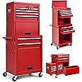 Goplus 6-Drawer Rolling Tool Chest w/Riser, 3 in 1 Rolling Tool Box w/Keyed Locking System, Detachable Top Box, Side Handle, Toolbox Organizer for Workshop Garage (Red)