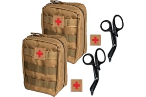Krisvie 2PCS Pochette EMT Médecine Tactique Sac étanche Molle de Premiers Secours, Trousse Kit de Premiers Soins Militaires pour Randonnée Camping Airsoft avec Un Ciseaux médical (Kaki)