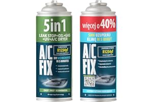 A/C FIX AC FIX 5-en-1 – R1234yf + 2 en 1 Réfrigérant pour climatisation automobile avec huile, produit d'étanchéité, colorant UV, dessiccant – Protège le compresseur