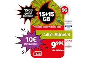 Vodafone Prepaid CallYa S | 15 GB + 15 GB on top gratis für Immer* | 10 EUR Startguthaben | ohne Vertrag | 5G-Netz | Telefon- SMS-Flat | EU-Roaming
