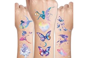 CHARLENT Tatuaggi Temporanei Glitter per Bambine e Donne - 110 Stili Glitter con Farfalle, Luna, Fate, Unicorni e Sirene per Bomboniere e Trucco da Festa