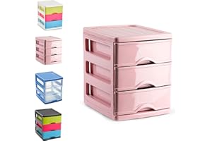 PLASTIFIC Plastic Desktop Storage Unit with Drawers, Stationary Arts Drawer Desktop Tabletop Organiser Storage Tower Unit for Office Bedroom Garage ((17 x 13.5 x 17cm, 3 Drawers Pink))