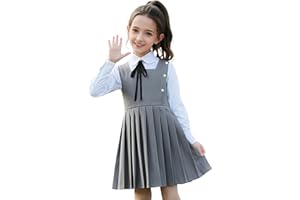 LOLANTA Girls Pleated Pinafore School Uniform Jumper Dress, Square Neck Sleeveless with Button Decoration, Anti-Wrinkle, 5-12 Years