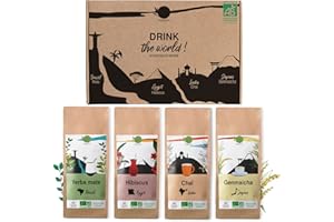 ORIGEENS COFFRET THÉ BIO BOISSONS DU MONDE - Hibiscus, Maté, Thé Chai, Thé vert Genmaicha - Assortiment thé 4x80gr - Coffret thé à offrir