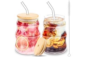 BUOAZR Juego de 2 Tazas de Café de Cristal, 530ML Vasos de Latte Macchiato, Vasos de Cóctel, Tazas de Vidrio Borosilicato, con Tapa con Pajita de Vidrio y Cepillo, para Café, Leche, Latte, Macchiato