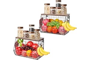 Sprifityy Fruteros de Cocina,Apilable & Alambre Colgantes Cestas fruta con Tapa de Madera, para Almacenar Fruteira y Aperitivos (1)