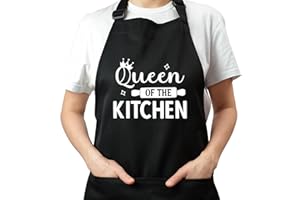 FUKPO Kochschürze Damen Schwarz, Baumwolle Grillschürze für Frauen Lustige Schürze mit Taschen, Verstellbar Küchenschürze Frau Personalisiert Schürzen Lustig Geschenke