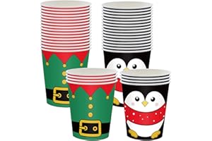 RONGZUBAT 40pcs Christmas Disposable Party Paper Cups,Xmas Penguin Hat Disposable Party Drinking Christmas Paper Cups for DIY Holiday,Picnic,Winter Xmas Party Cup Table Decorations