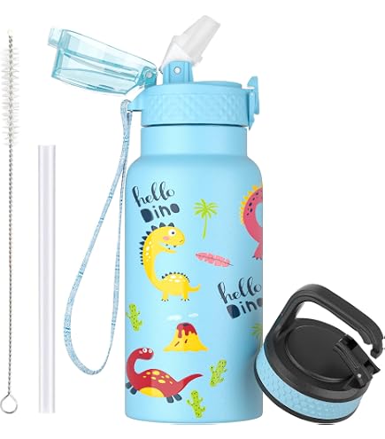 Exllena 12oz Kids Insulated Water Bottle - Stainless Steel, Leakproof, With Straw & Handle (Zoo Print) - View #7