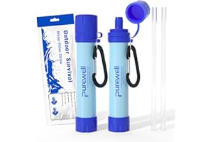 Purewell Outdoor Water Filter – 0.01 μm ultra-fine filter removes 99.99% of bacteria & heavy metals | 1500L filter capacity | Portable drinking water filter with Carabiner for survival & outdoor