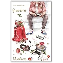 Weihnachtskarte Für Enkelsohn – Mit Hunde & Gaming-Motiv, Metallfolie, 22,8x15,1 Cm, Aus Großbritannien
