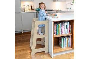 Stepup Baby Torre de Aprendizaje Montessori | Taburete Infantil de Madera | Altura Ajustable y Barra de Seguridad | Torre Montessori para Cocina o Baño | para Niños 18 Meses a 5 Años - Madera Natural