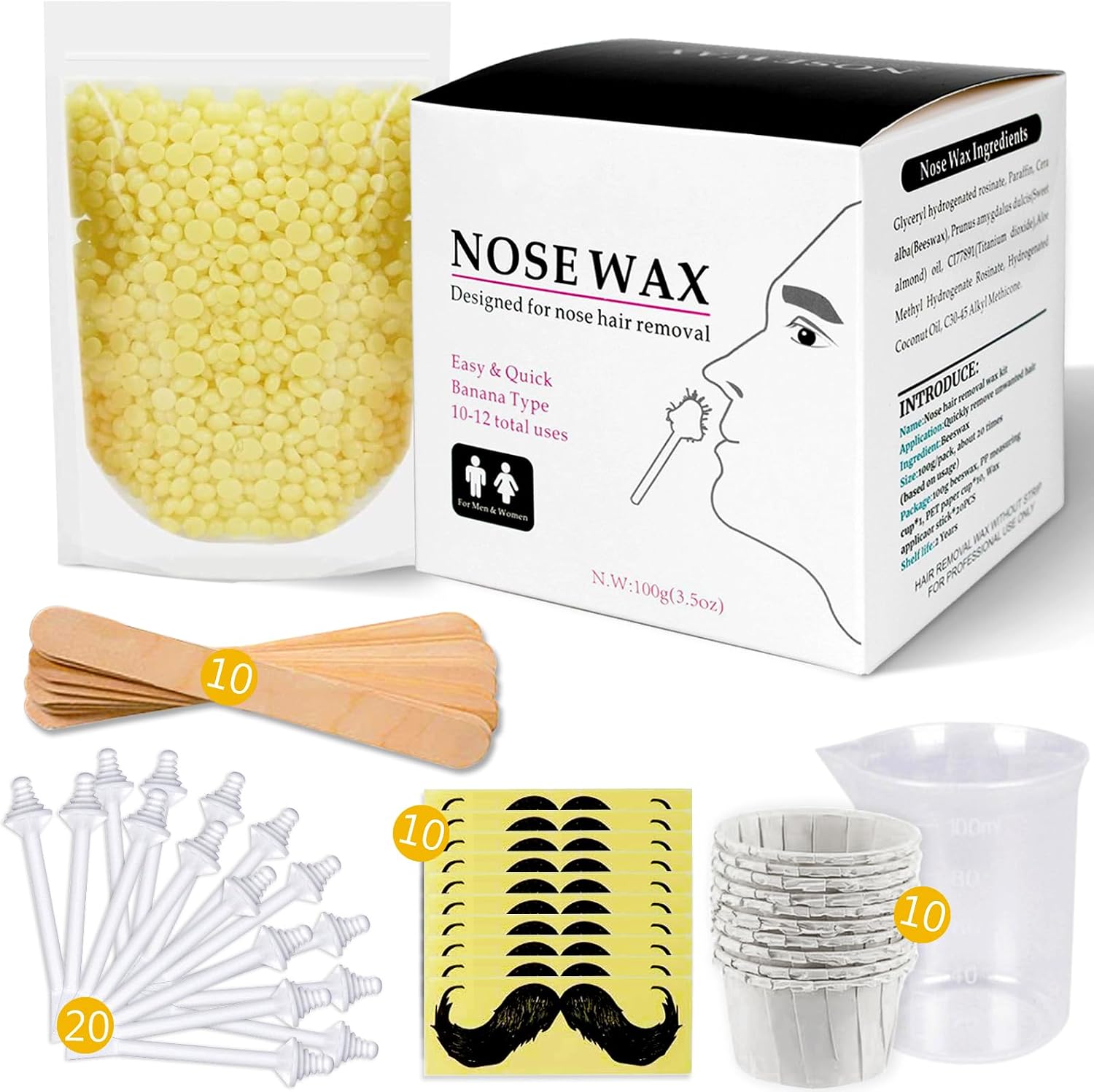 Nose Wax Kit for Men and Women, Nose Hair Removal Wax with 100g Nasal Hair Wax 20 Safe Tip Applicator, 10 wooden Applicators,10 Containers and 10Moustache Stencils As a Christmas Gifts