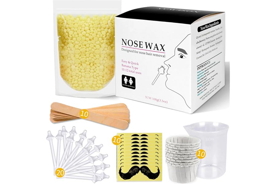 Nose Wax Kit for Men and Women, Nose Hair Removal Wax with 100g Nasal Hair Wax 20 Safe Tip Applicator, 10 wooden Applicators,10 Containers and 10Moustache Stencils As a Christmas Gifts