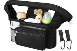 HALOULENI Baby Pushchair Organiser,Baby Pram Bag Stroller,2 Insulated Cup Holder, Large Capacity, Detachable Zippered Pocket, Adjustable Shoulder Strap & Non-Slip Hooks - Fits Any Pram Handlebar (Black)