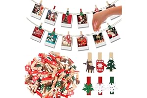 KATELUO Pinzas de Madera navideñas,60 Piezas Clips de Fotos de Madera de Navidad,Clips Decorativos Navidad,Navidad Clips de Artesanía,Navidad Pinzas Pequeñas de Madera