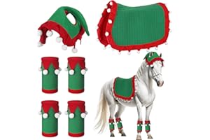 Abbylike 6 Pcs Christmas Holiday Santa Leg Wraps with Faux Fur Trim Holiday Santa Horse Hat All Purpose Santa Saddle Pad for Christmas Horse Costume Accessories