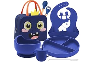BRANCY Baby Weaning Set with Adjustable Bib, Sippy Cup, Fork & Spoon | Self Eating Utensils for Babies with Suction Bowl & Plate | Microwave & Dishwasher Safe (Blue)